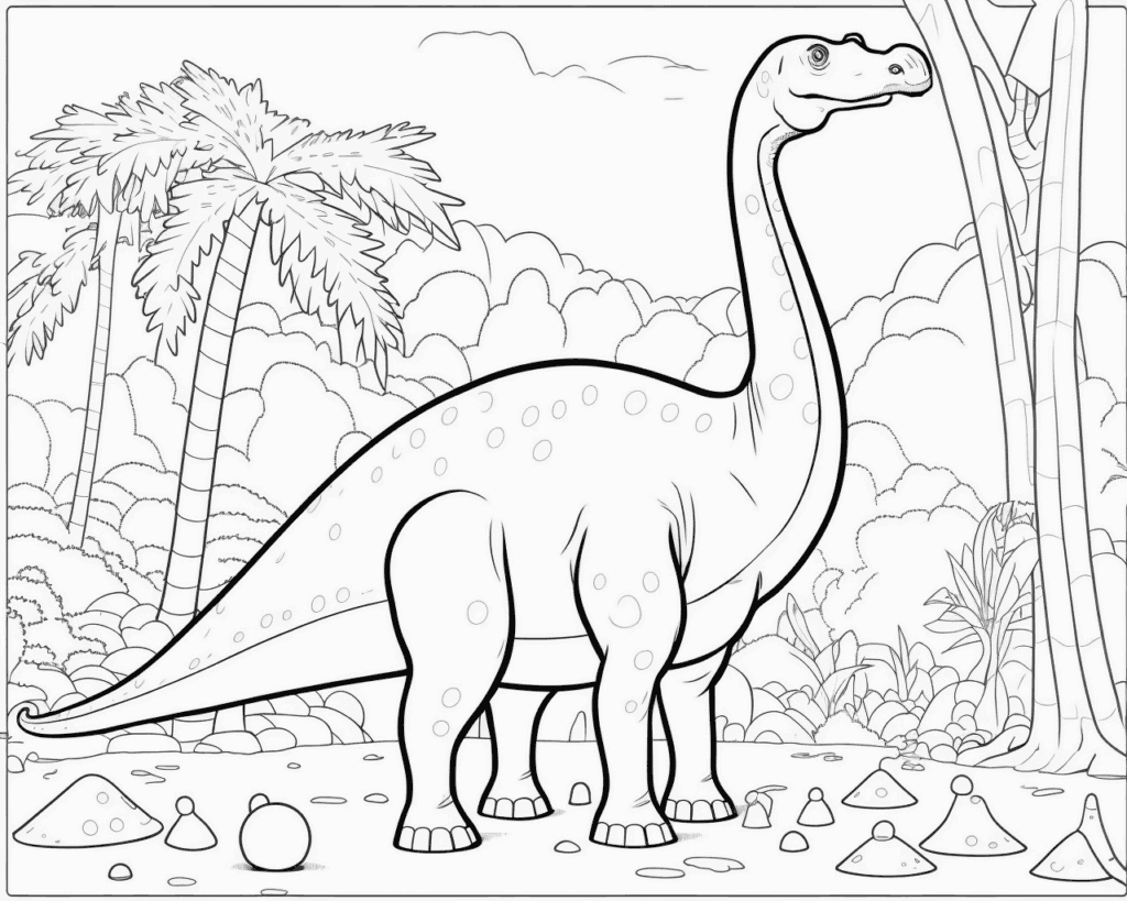 Omaľovánka dlhokrkého dinosaura s krúžkami na chrbte v pralese pri palme